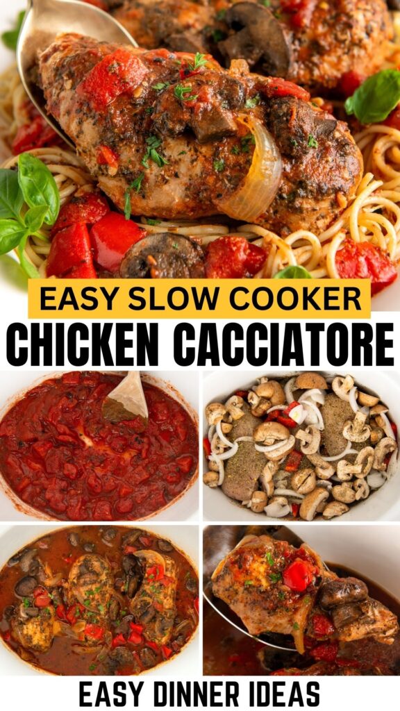 Easy slow cooker chicken cacciatore is made all in one pot and served with tender pasta.