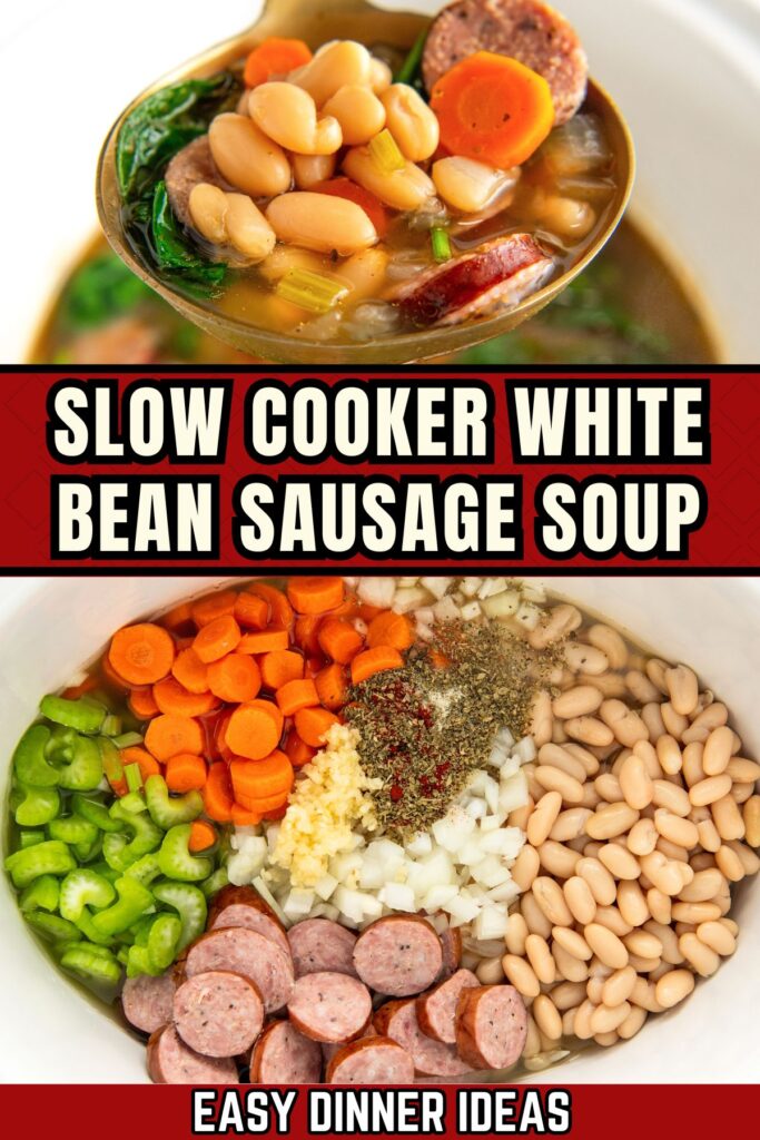 Slow cooker white bean sausage soup ingredients are placed in the crockpot.