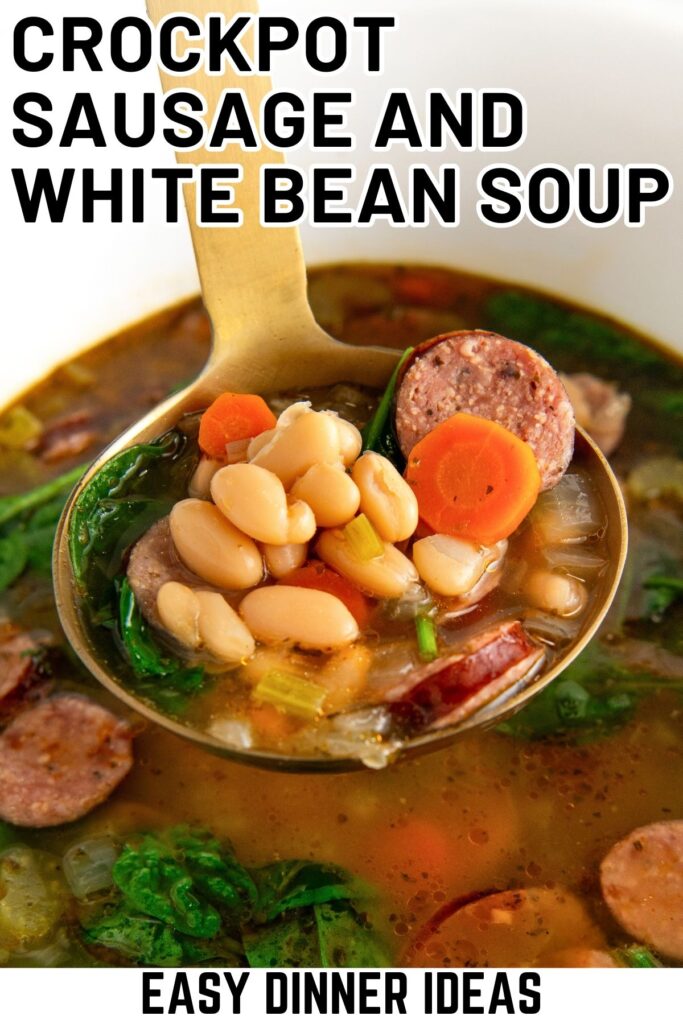 Crockpot sausage and white bean soup is loaded with fresh vegetables.