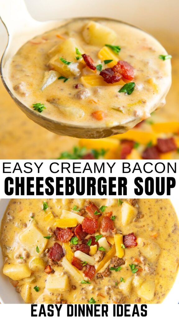 Bacon cheeseburger soup served with an array of garnishes on top.