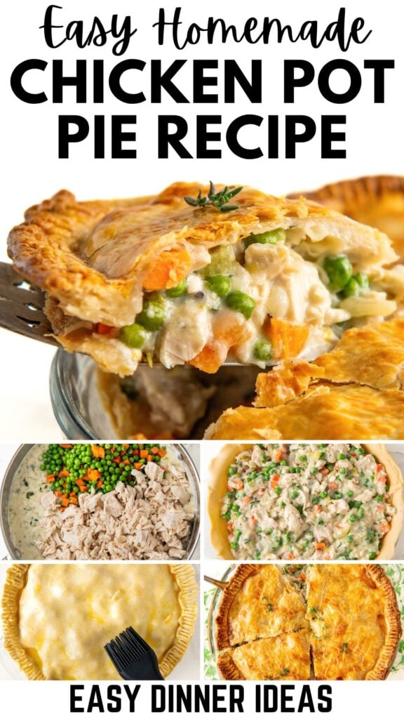 Homemade chicken pot pie being prepared in a baking dish, then baked until golden brown, and served with a pie server.