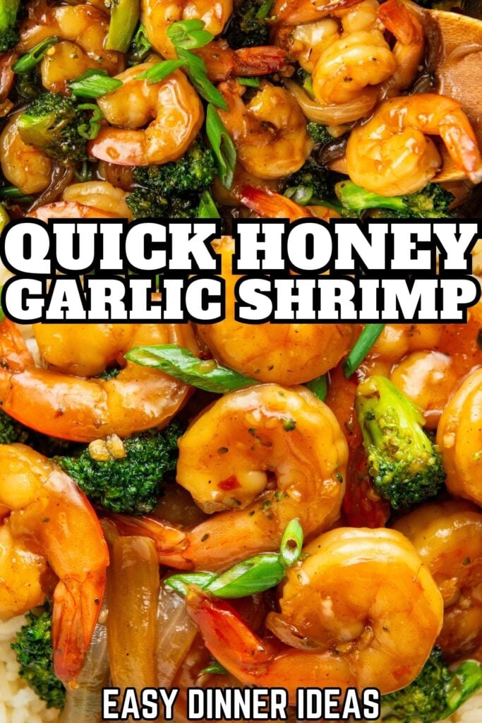 Close up image of cooked honey garlic shrimp with tender broccoli.