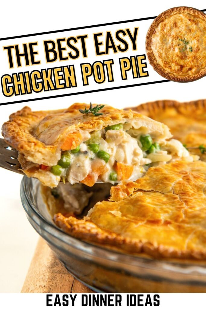 A serving of chicken pot pie being lifted out of a baking dish.