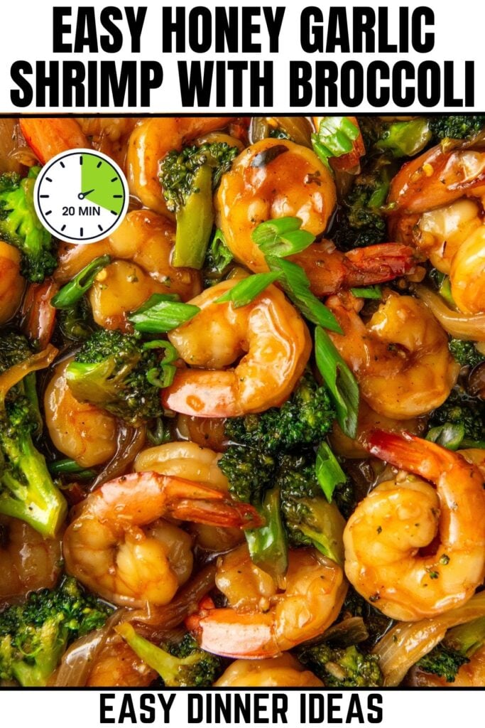 Close up image of saucy cooked shrimp and tender broccoli.