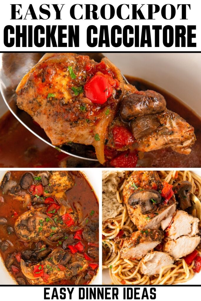 A serving of chicken cacciatore is being lifted from the crockpot.