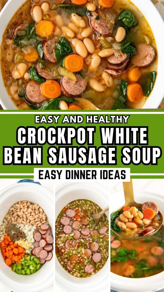 Sausage and white bean soup prepared in the crockpot in three simple steps.