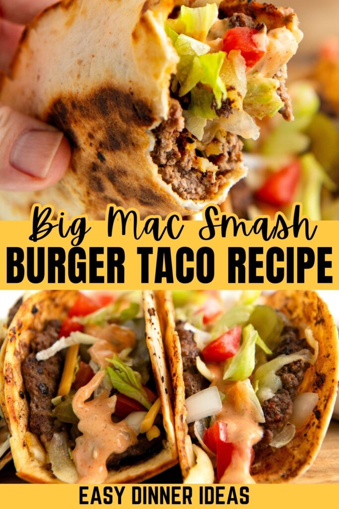 Close-up of a hand holding a smash burger taco filled with ground beef, lettuce, burger sauce, and diced tomatoes. Below, two tacos with similar fillings are topped with sauce and cheese.