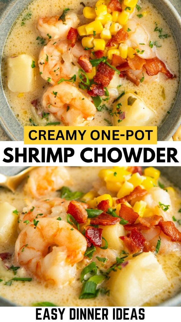 Corn and shrimp chowder is served with bacon on top.