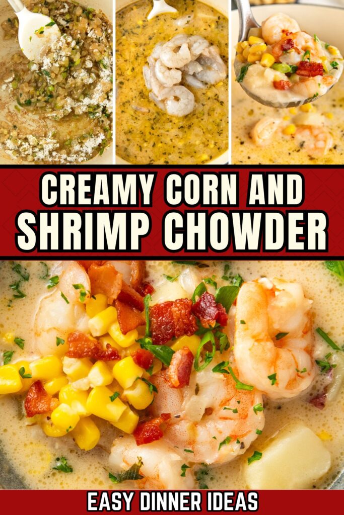 Creamy corn and shrimp chowder is made in one large pot.