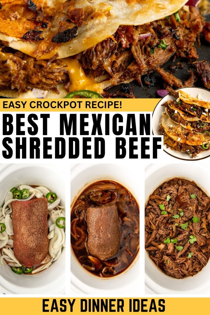 Collage showing Mexican shredded beef tacos. Top: tacos filled with shredded beef, lettuce, salsa. Bottom: steps of beef preparation in a slow cooker.