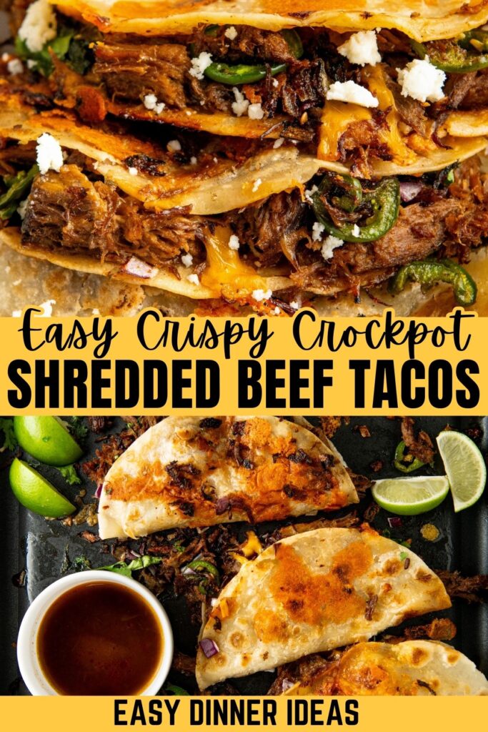Close-up of crockpot shredded beef tacos with melted cheese and toppings. Lime wedges and a cup of sauce accompany the tacos.