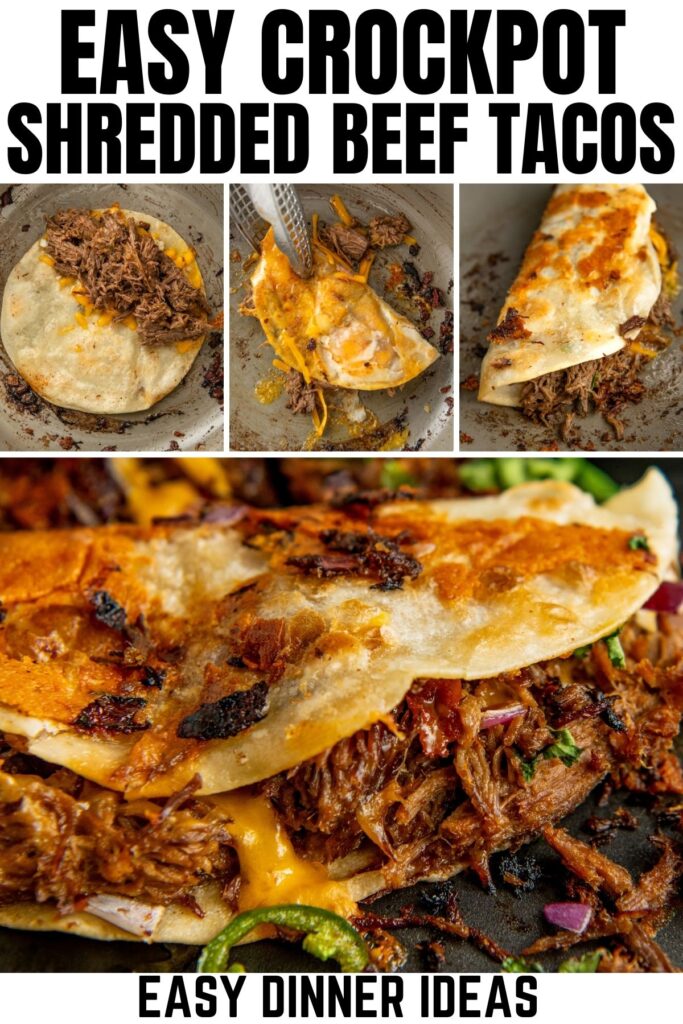 Collage featuring Mexican shredded beef tacos with melted cheese in various stages of preparation. Top row shows tacos in a pan with beef and cheese. Bottom image displays a close-up of a cooked taco.