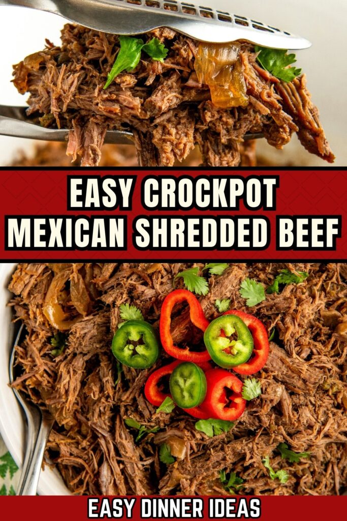 Close-up of a serving spoon holding crockpot shredded beef over a plate. The dish is garnished with slices of red and green peppers and cilantro.