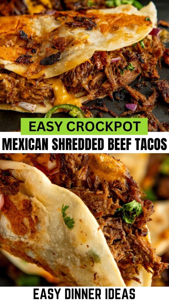 Close-up of crispy, golden tacos filled with shredded beef, melted cheese, and bits of green herbs.
