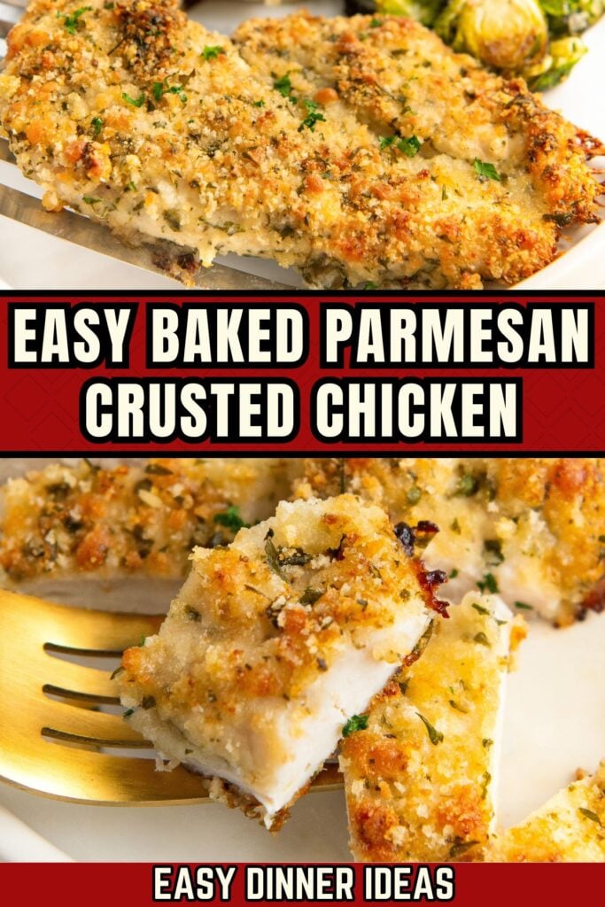 Easy baked parmesan crusted chicken is sliced to reveal it's fully cooked through.