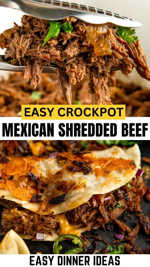 Close-up of cooked shredded beef being lifted with a spatula, showcasing tender meat with herbs. Below, crispy tacos filled with crockpot shredded beef and melted cheese.
