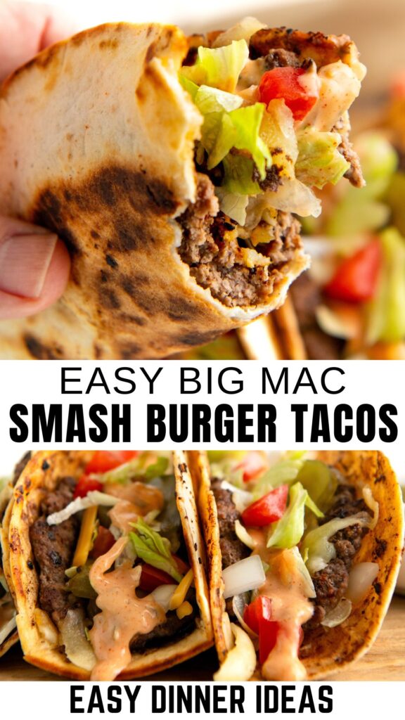 Close-up of a hand holding a smash burger taco filled with ground beef, lettuce, cheese, diced tomatoes, and sauce. Below, two tacos with similar fillings rest on a wooden surface.