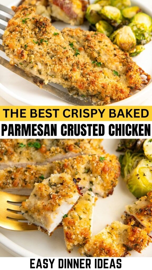 Crispy parmesan crusted chicken is sliced and served on a plate next to vegetables.