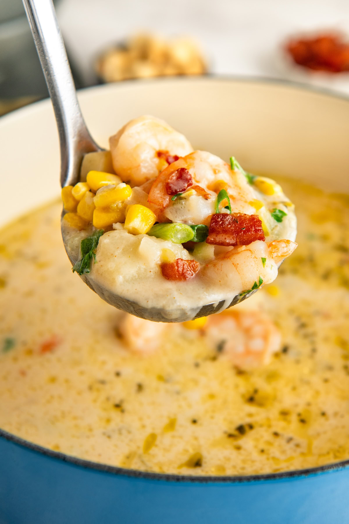 A ladle is lifting a portion of chowder from the pot.