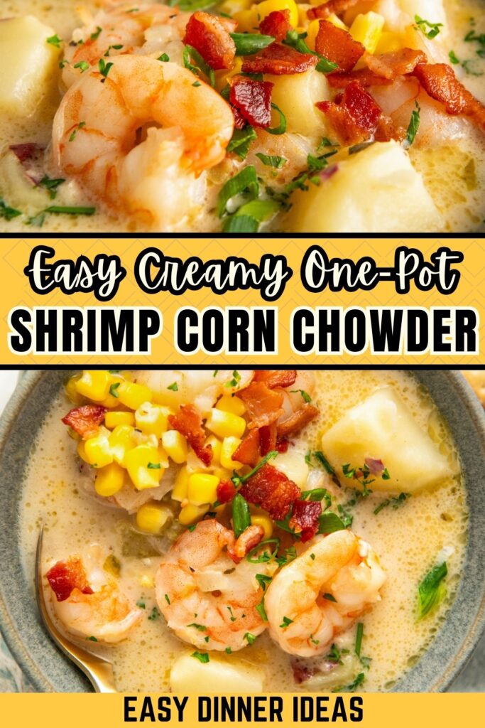 Shrimp and corn chowder is topped with extra corn, crispy bacon, and green chives.