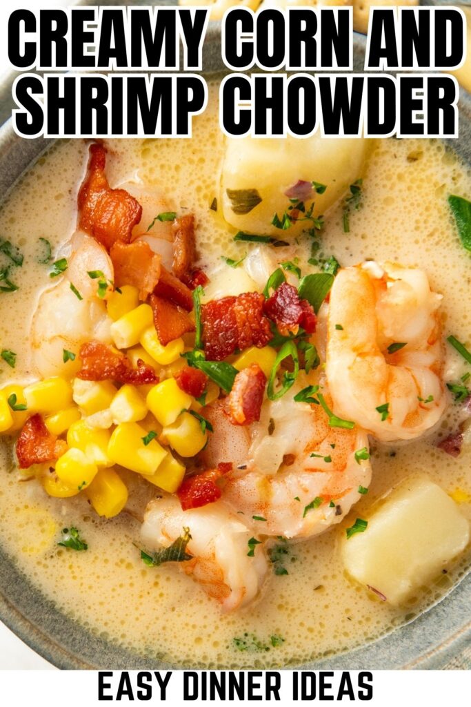 Creamy corn and shrimp chowder served in a bowl.