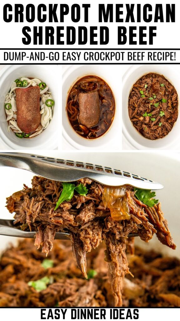 Collage image of slow cooker Mexican shredded beef. Top-left shows beef with onions in a slow cooker. Top-center displays cooked beef in broth. Top-right shows shredded beef garnished with herbs. Bottom image highlights a fork lifting shredded beef.