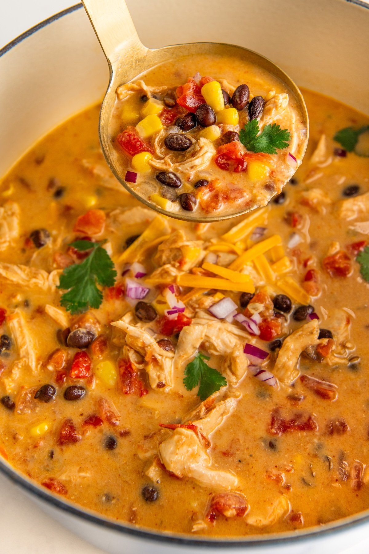 A ladle scooping out a portion of creamy chicken taco soup from a pot. The soup contains shredded chicken, black beans, corn, diced tomatoes, red onions, and is garnished with cilantro and grated cheese.