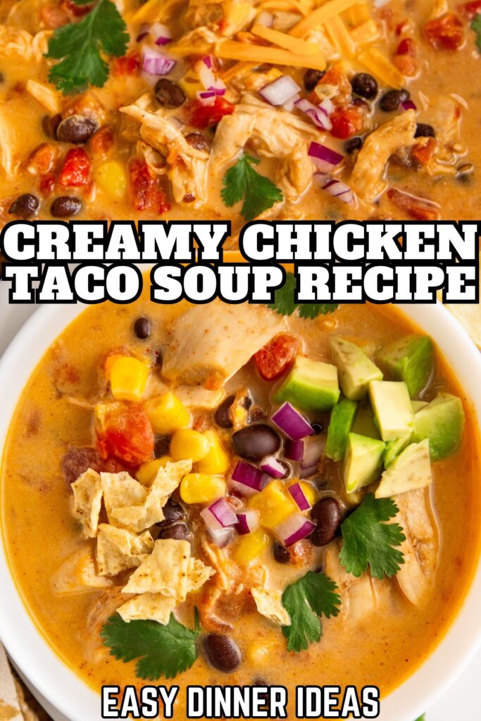 Close-up of a creamy chicken taco soup in a bowl, topped with sliced avocado, red onions, corn, black beans, tortilla chips, and cilantro.