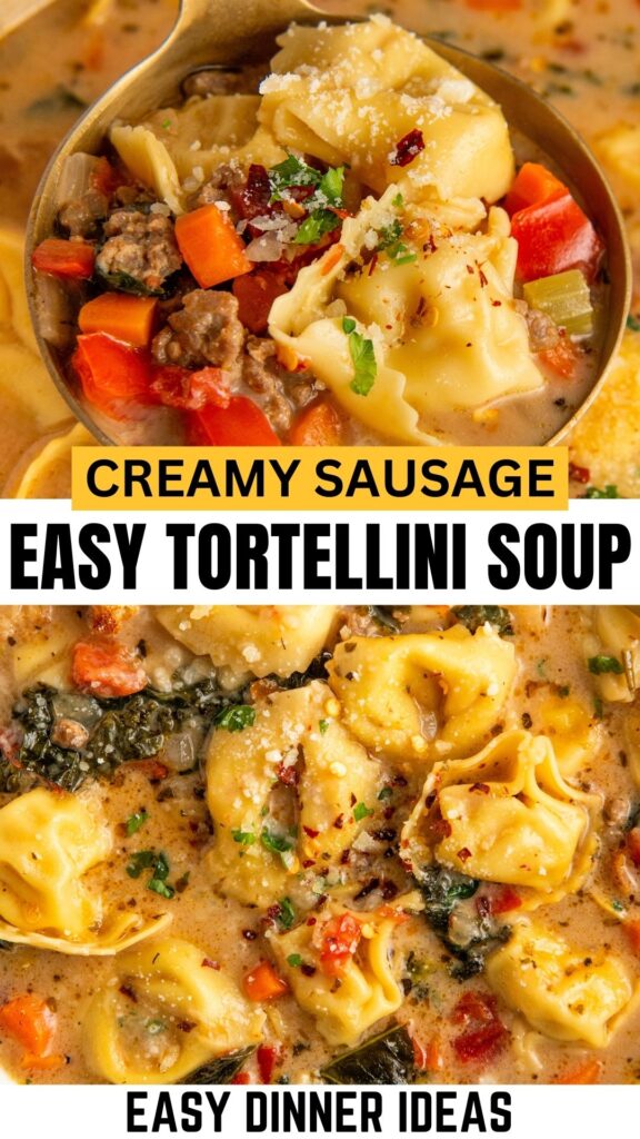 Top image: A ladle of creamy tortellini soup with sausage, carrots, and celery. Bottom image: Close-up of tortellini soup garnished with red pepper flakes and herbs.