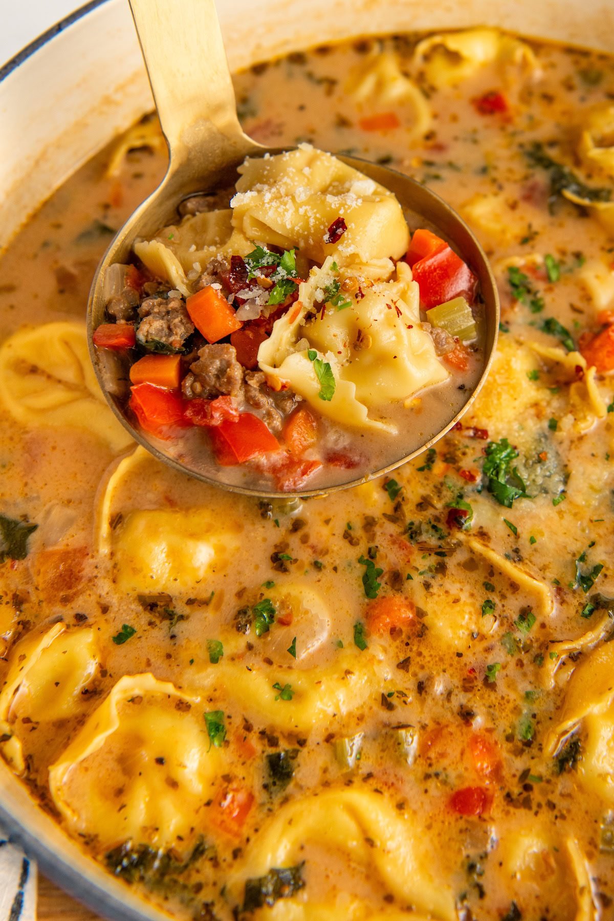 A close-up of a ladle holding a serving of creamy sausage tortellini soup. The soup is filled with cheese tortellini, diced tomatoes, celery, ground Italian sausage, and garnished with herbs. The broth is rich, creamy, and seasoned, with visible specks of spices and herbs.