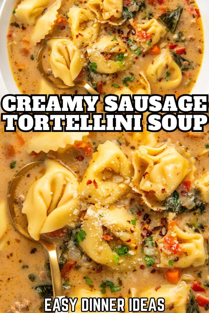 A bowl of creamy sausage tortellini soup with spinach and visible seasonings, topped with grated cheese and red pepper flakes.