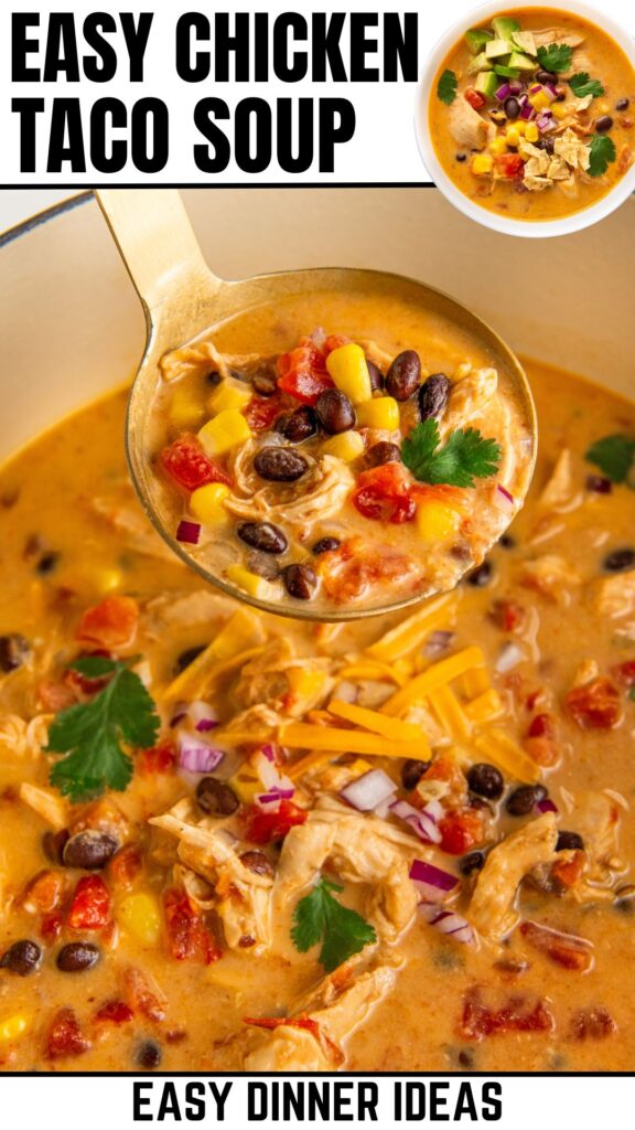 A pot of chicken taco soup with a ladle lifting a portion. Ingredients include chicken, black beans, corn, diced tomatoes, cheese, cilantro, and red onion.