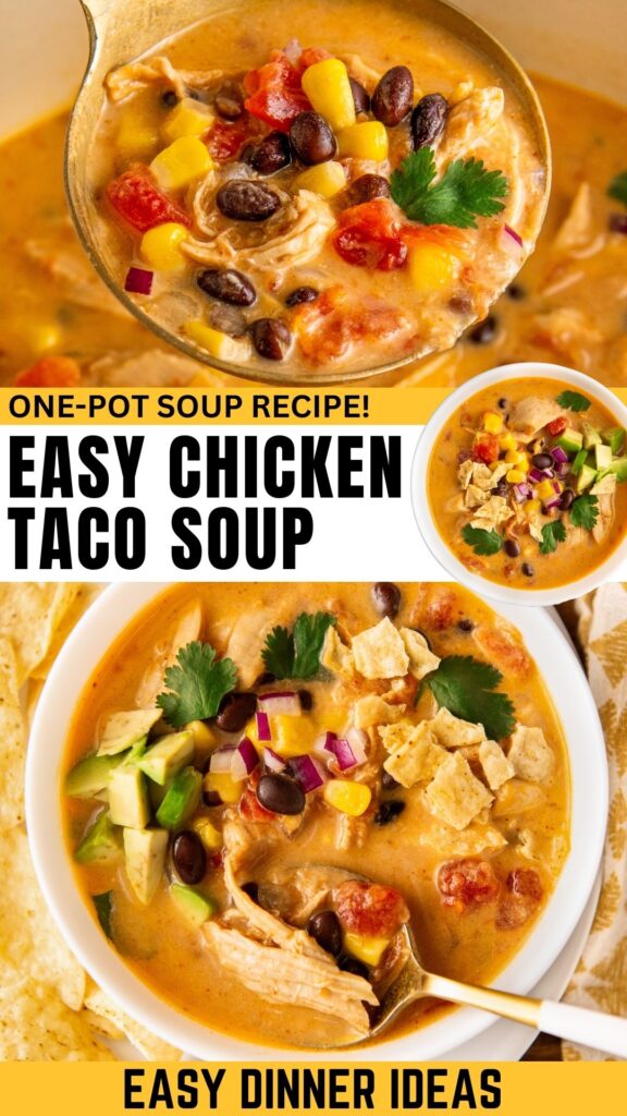 A bowl of chicken taco soup topped with black beans, diced tomatoes, corn, cilantro, and tortilla chips.