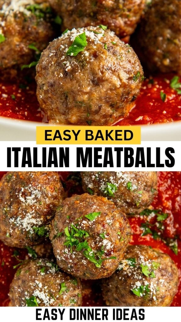 Close-up of juicy baked Italian meatballs topped with chopped parsley and grated cheese, served on a bed of tomato sauce.