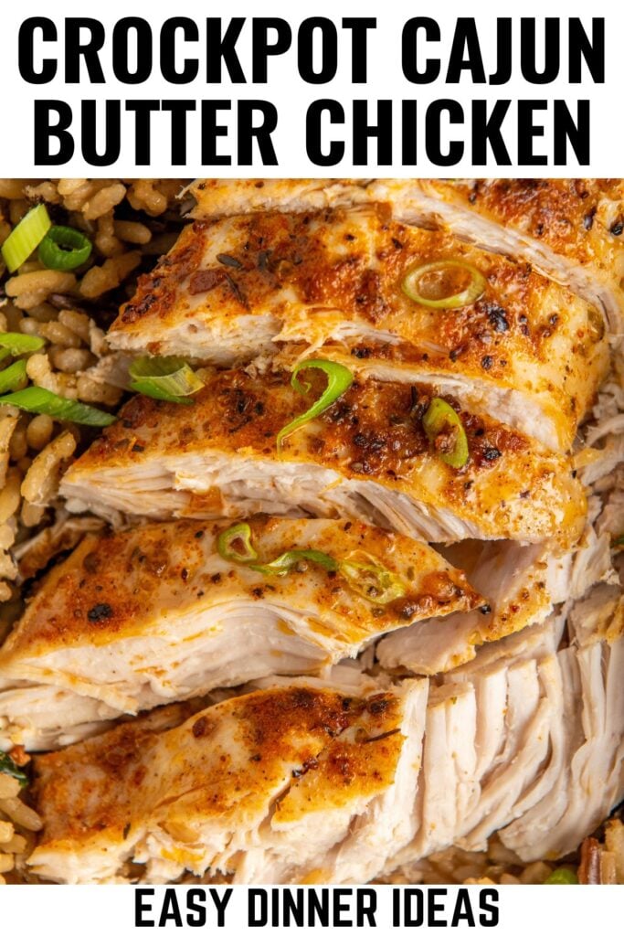 Close-up of sliced, seasoned cajun chicken breast garnished with green onions on a bed of rice.