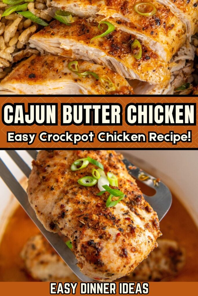 Close-up of juicy, seasoned Cajun butter chicken garnished with sliced green onions. Chicken is served from a crockpot, surrounded by flavorful sauce.