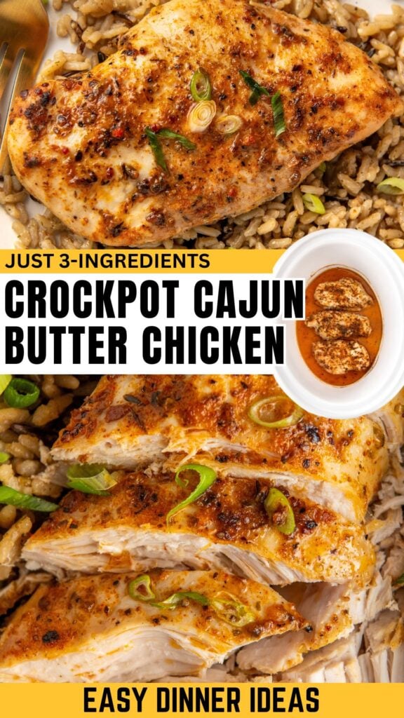 Overhead view of juicy, browned cajun chicken breasts on rice, garnished with green onions. There is a small bowl of sauce on the side. T