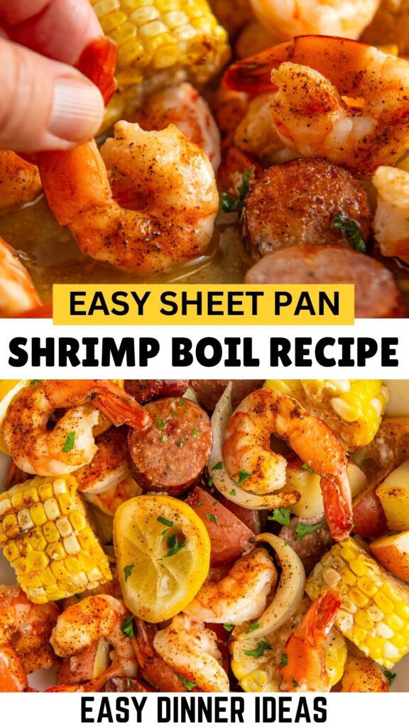 Close-up of a sheet pan shrimp boil with shrimp, sausage, corn, potatoes, and lemon slices, seasoned and garnished.