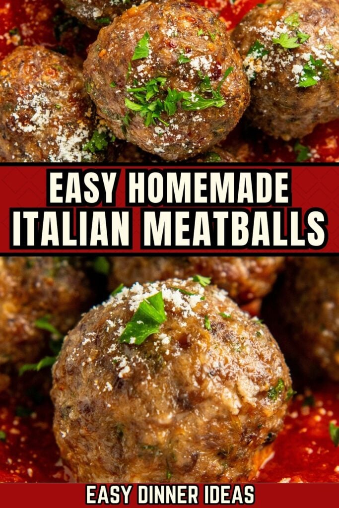 Close-up photos of juicy Italian meatballs topped with parsley and grated cheese, set against a tomato sauce.