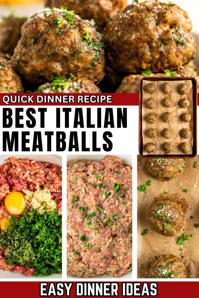 Collage showing Italian meatballs: cooked meatballs, a tray of raw meatballs, ingredients in a bowl (beef, eggs, parsley), mixed meat, and formed raw meatballs.