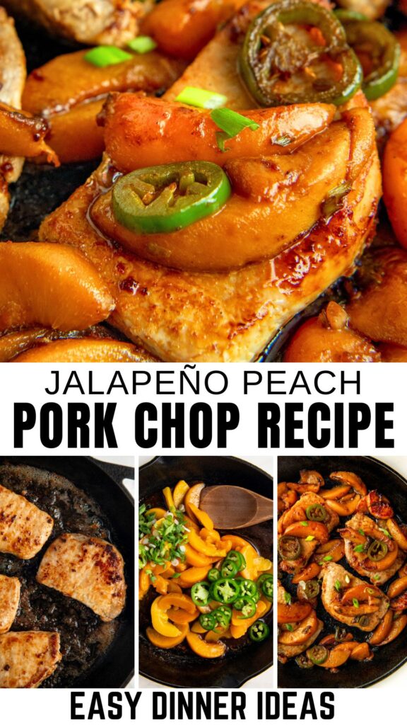 Close-up of pork chops topped with cooked peach slices and jalapeño, shown in a skillet. Below are three smaller images showing the cooking process and ingredients.