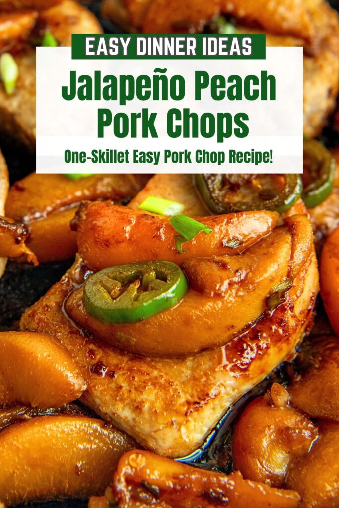 Close-up of skillet pork chop recipe topped with peach slices and jalapeño rounds, caramelized and glazed.