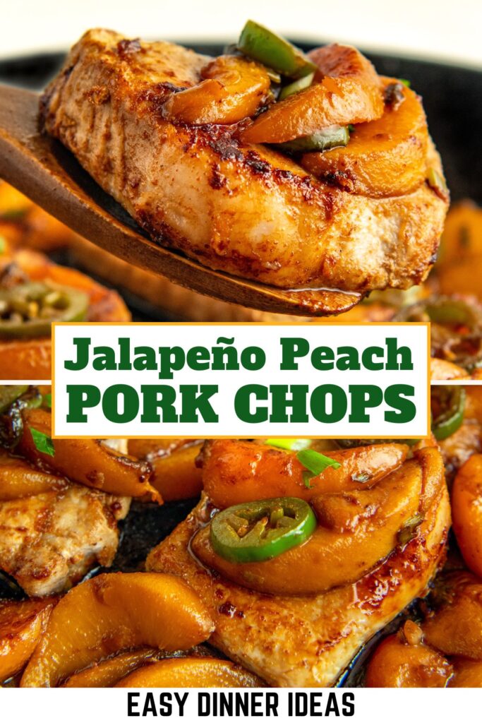 Close-up of pork chops cooked with peach slices and jalapeño rounds in a skillet.