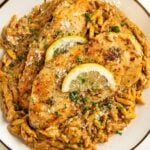 A plate of creamy lemon orzo pasta topped with two golden-brown crispy chicken breasts, garnished with lemon slices, fresh herbs, and grated cheese.