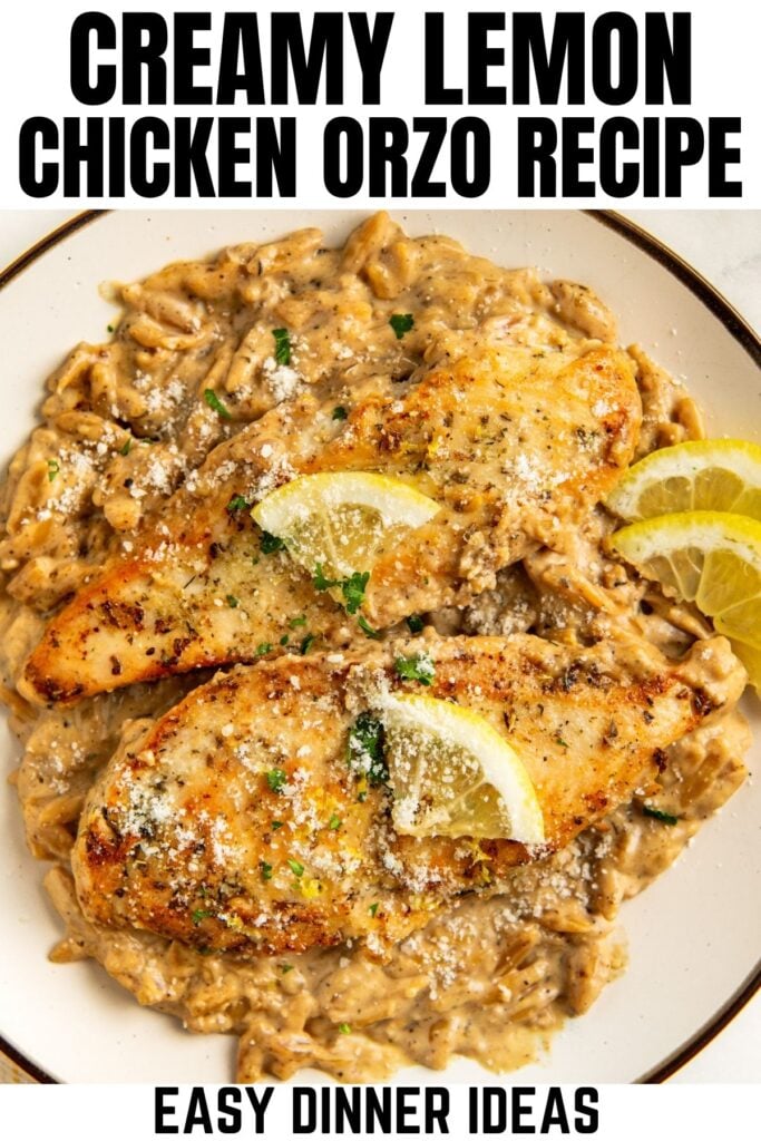 A plate with two golden-brown lemon chicken breasts over creamy orzo pasta, garnished with grated cheese, parsley, and lemon wedges.