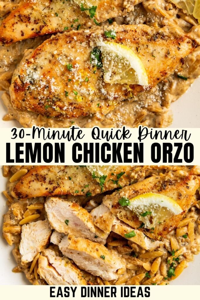 Two plates of creamy lemon chicken orzo garnished with parsley and lemon wedges. One plate has the chicken cut into pieces.