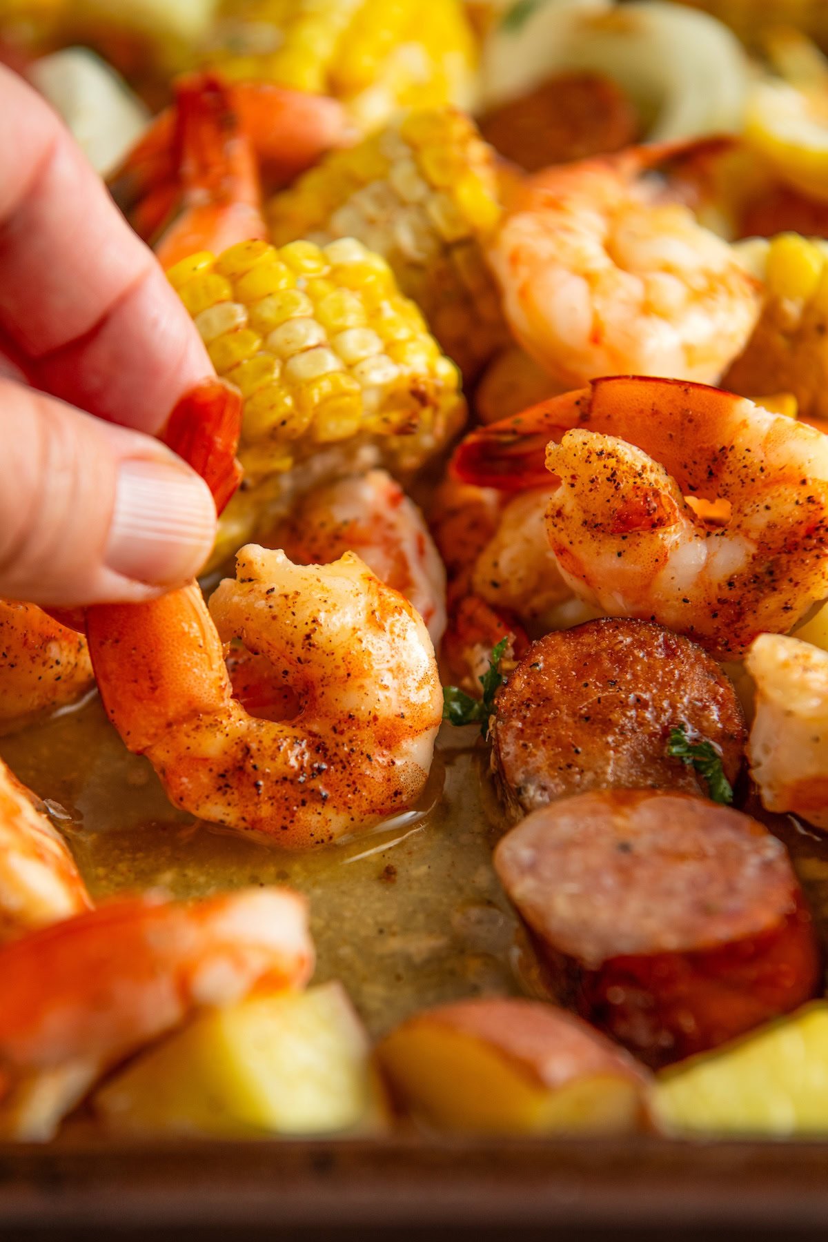 A hand picking up a seasoned shrimp from a sheet pan filled with a seafood boil of cooked shrimp, sausage slices, corn on the cob, and potatoes.