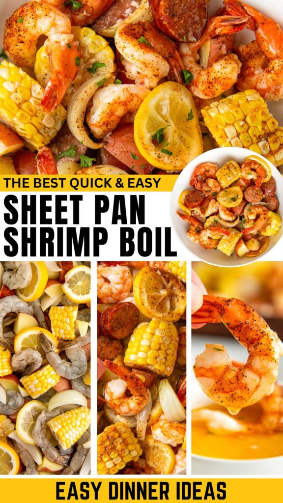 Collage showing a sheet pan shrimp boil with shrimp, corn, sausage, potatoes, and lemon slices. Includes close-up shots and a bowl of boiled ingredients.