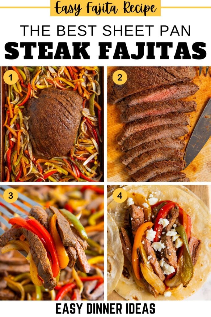 Four-step collage showing sheet pan steak fajitas: 1) Whole seasoned steak with sliced peppers and onions on a pan, 2) Sliced cooked steak on a cutting board, 3) Fajita strips on a fork, 4) Assembled steak fajita on a tortilla.