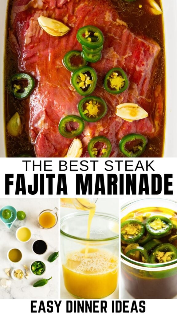 Raw fajita steak marinating in a dish with sliced jalapeños, garlic cloves, and marinade. Below are smaller images showing marinade ingredients, pouring marinade, and marinated jalapeños.